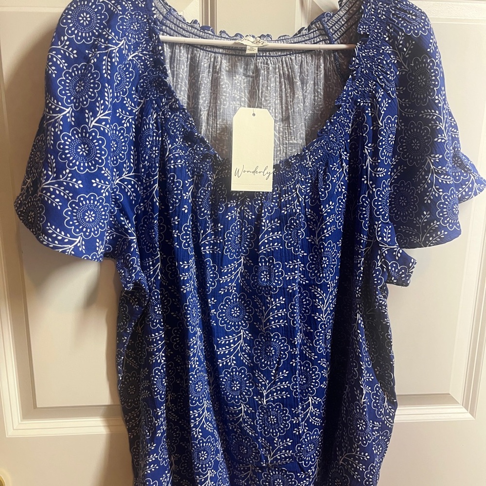 Wonderly Indigo Floral Peasant Blouse